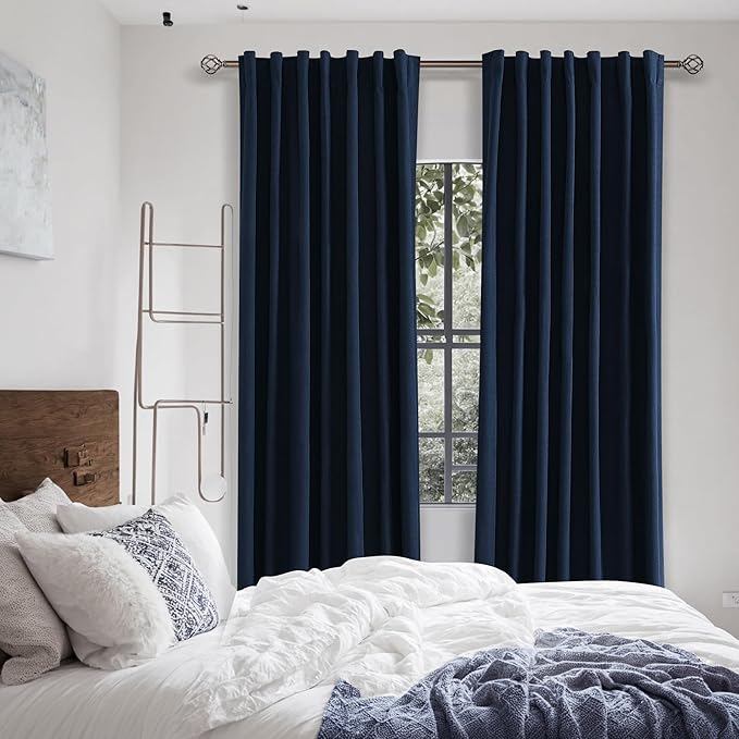 Guken Navy Blue 100% Blackout Curtains 84 Inch Length 2 Panels Set for Living Room Bedroom Back Tab Thermal Insulated Black Out Linen Drapes Room Darkening Window Curtains 84 Inches Long