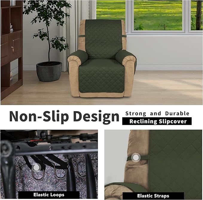 Easy-Going Recliner Chair Slipcover Reversible Sofa Cover Water Resistant Couch Cover Furniture Protector with Elastic Straps for Pets Dog (Recliner 22 inch, Army Green/Beige)