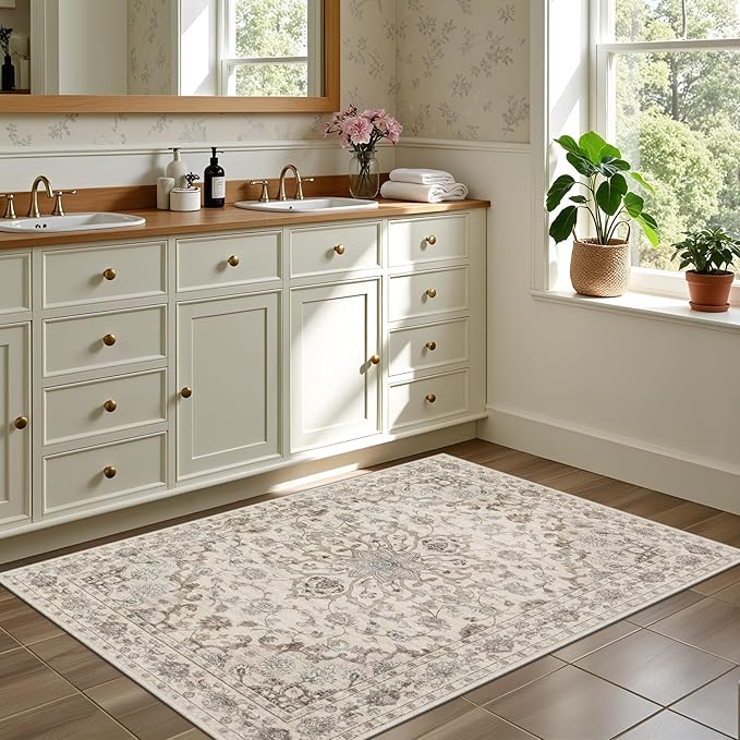 2x3 Area Rugs Living Room Rug: Washable Vintage Distressed Floral Rug No Slip Stain Resistant Soft Carpet Indoor Large Carpets for Bedroom Dining Room Farmhouse Nursery Hallway Home Office Brown Beige