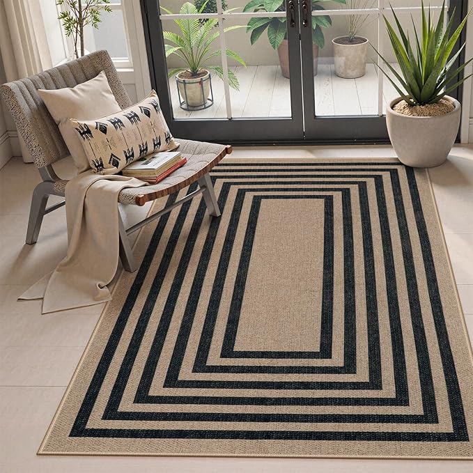 Lahome Enfys Modern Geometric Easy Jute Entryway Rug, 4x6 Black Washable Carpet for Bedroom Contemporary Thin Living Room Patio Rug, Farmhouse Non Slip Indoor Outdoor Carpet for Dining Room Backyard