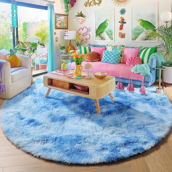 Amdrebio Tie-Dyed Light Blue Round Circle Rug 4Ft for Girls Bedroom, Soft Fluffy Cute Area Rugs for Kids, Boys Room Decor, Stitch Plush Shaggy Fuzzy Carpet for Baby Nursery Classroom Dorm Playroom