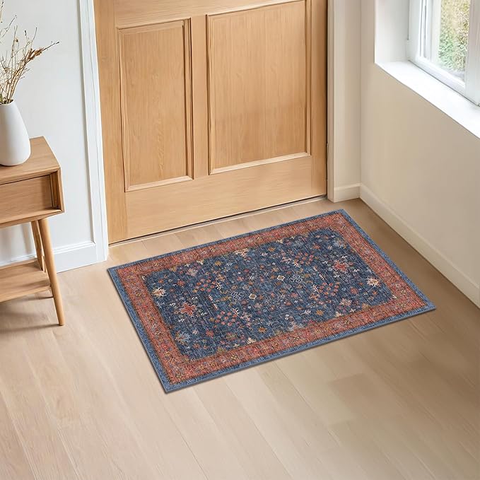 Hazo Haus Washable 2x3 Entry Rug Front Door Indoor, Farmhouse Small Area Rugs for Kitchen, Bathroom, Entrance, Non Slip Rubber Backed, Perfect for Boho Décor (2x3 Navy Blue)