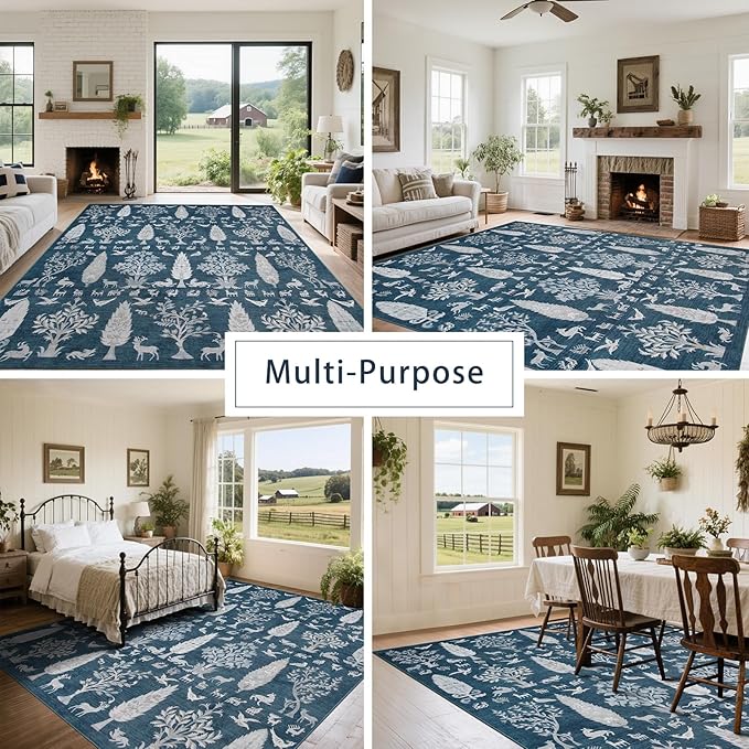 Washable Rugs 8x10 Area Rugs for Living Room,Bedroom,Dining Room- Large Ultra Soft Faux Wool Retro Carpet,Non Slip&Non-Shedding Low Pile Vintage Print Rug for Home Office Dorm Playroom-Blue