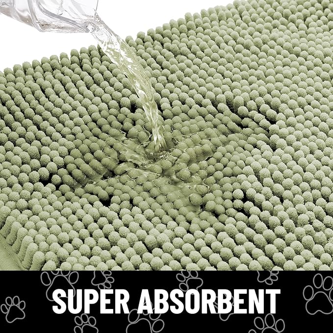 Smiry Dog Door Mat for Muddy Paws, Absorbent Dirt Trapper Non Slip Quick Dry Washable Chenille Mat for Mud Dogs, Entry Rug for Indoor and Outdoor (36x24 Inches, Sage Green and Black)