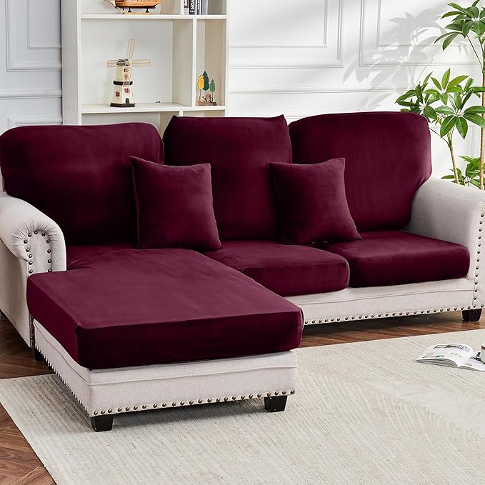 Couch Cover 6-Piece Elastic Velvet Couch Cushion Covers & Chaise Slipcovers for L-Shaped Sofas, Sofa Seat Covers Washable, Soft Cover for Couches (5 Seater + Chaise, Wine)