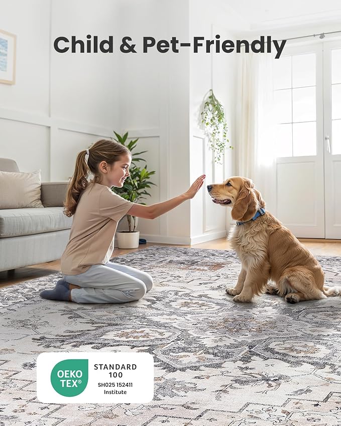 AMADA HOMEFURNISHING 9x12 Washable Area Rug, Low-Profile Large Area Rug with Non-Slip Backing & Durable Edge Binding, Vintage Large Rugs for Living Room, Bedroom & Dinning Room