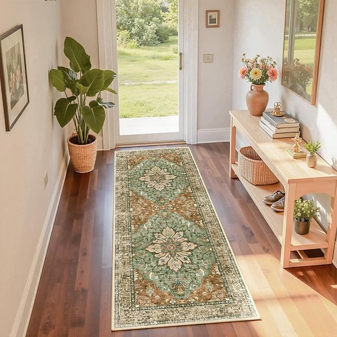 Area Rugs 2'x6' Runner Rug Non Slip Washable for Kitchen Hallway Bedroom Beside Laundry Room Bathroom Rug, Floor Carpet, Brick Red Rust Neutral Brown Burnt Orange Green