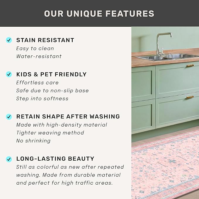 Hazo Haus Nursery Area Rug 4x6 - Pink Rugs for Girls Bedroom, Living Room - Washable Low Pile Non-Slip Charming Boho Vintage Traditional Oushak Design, Perfect for Kids Rooms