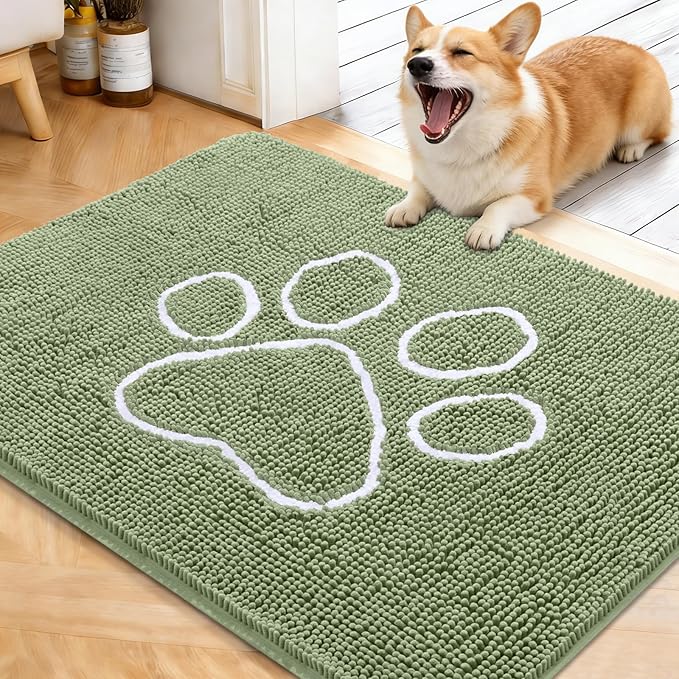 OLANLY Dog Door Mat for Muddy Paws 40x32, Paw Print Design, Absorbs Moisture and Dirt, Non-Slip Washable Doormat, Quick Dry Chenille Mud Mat for Dogs, Entry Indoor Entryway Carpet, Sage Green