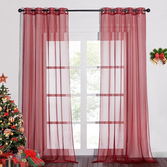 NICETOWN Sheer Window Curtains Panels - Lighter Filtering Thin Soft Home Decor Fashion Ring Top Voile Window Draperies for Living Room/Master Bedroom (W54 x L96 Inches, Haute Red, 1 Pair)