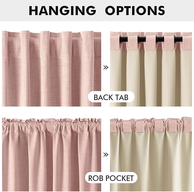 MIULEE 100% Blackout Linen Curtains for Bedroom, Blush Pink Solid Luxury Decor Thermal Insulation Room Darkening Drapes for Living Room Nursery Back Tab Rod Pocket 42 x 63 Inches, 2 Panels