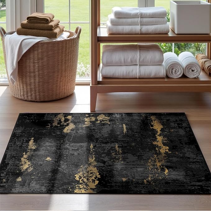 Washable Area Rugs 2'x3' Non-Slip Modern Abstract Soft for Living Room Entryway Bedroom Nursery, Print Pattern, Dark Black Gold