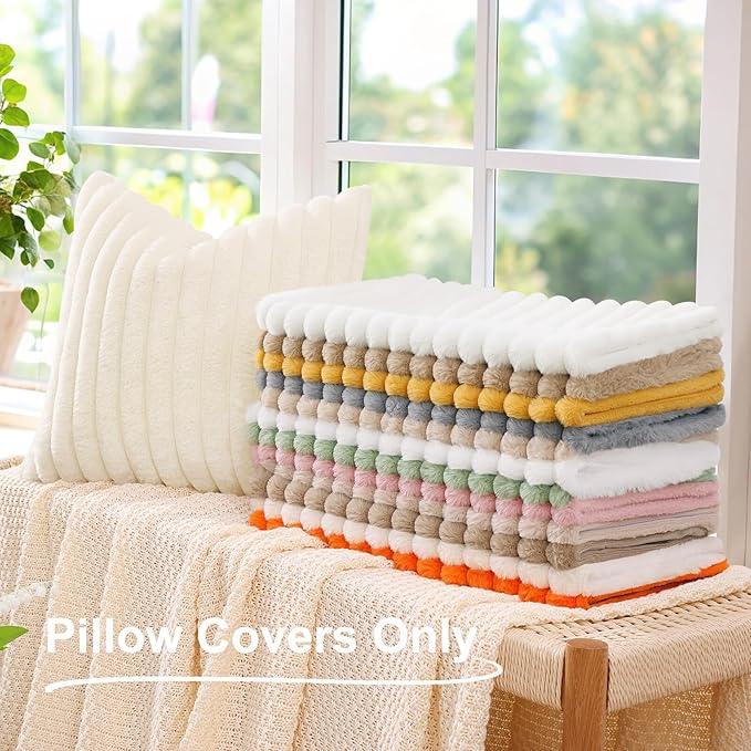 decorUhome Summer Cozy Faux Fur Throw Pillow Covers 12x20 Set of 2 Decorative Soft Plush Striped Lumbar Modern Farmhouse Boho Couch Pillow Cases with Velvet Back for Sofa Bed Living Room, White