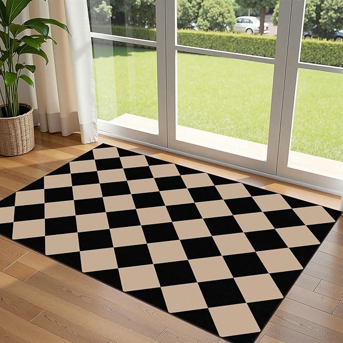 Black Tan Checkered Entry Rug - 3x5 Ft Non-Slip Washable Indoor Outdoor Front Door Mat Porch Rug Geometric Diamond Throw Carpet for Living Room Bedroom Entryway Kitchen Office Porch Decor