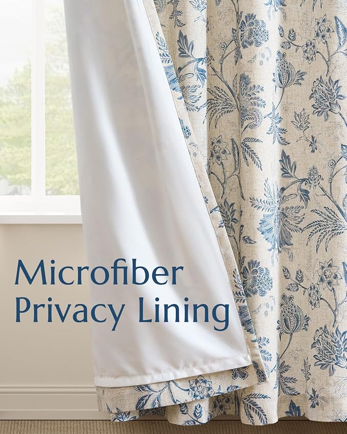 jinchan Lined Linen Floral Curtains for Living Room, 84 Inch Length Printed Flower Farmhouse Patterned French Country Back Tab Blue Window Drapes Set Privacy Bedroom Curtains, 2 Panels