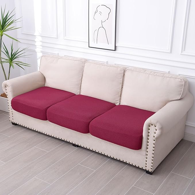 hyha Waterproof Couch Cushion Covers for Pets, Non Slip Sofa Seat Cover for Dogs Washable, Soft Thick Stretch Jacquard Fabric, Sofa Slipcovers with Elastic Bottom (3 Pieces, Wine Red)