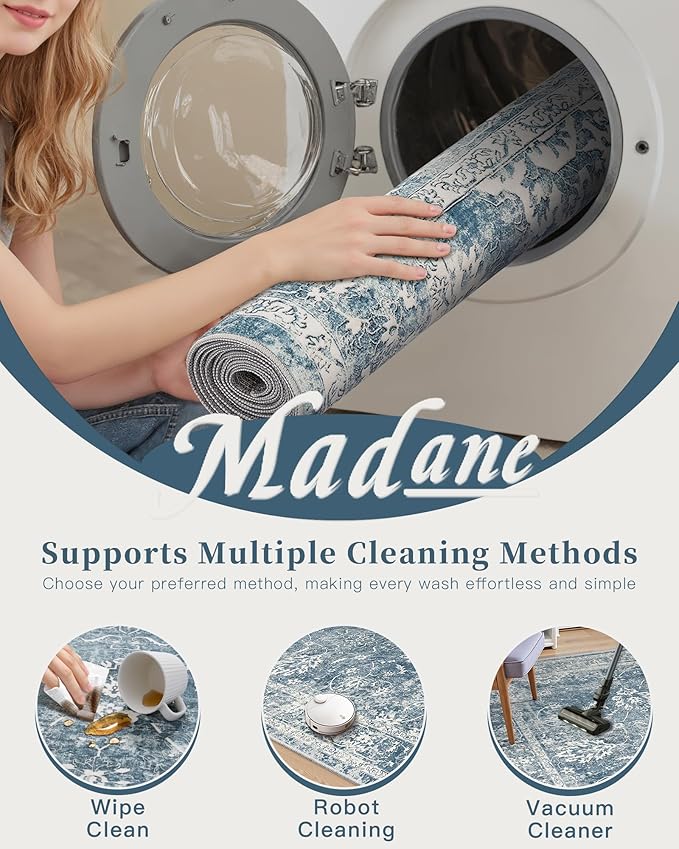 Madane 5x7 Area Rugs for Living Room, Washable Vintage Rug with Non-Slip Backing, Soft Floral Print Throw Rugs Floor Low Pile Carpet for Bedroom Dining Room Farmhouse (5 x 7, Cadet Blue)