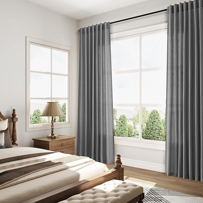 Nanspring Blazer Grey Curtain Linen Blend Light Filtering Back Tab Curtains 96 Inches Long, Semi Sheer Privacy Drapes for Living Room & Bedroom, 52x96 inch, 2 Panels