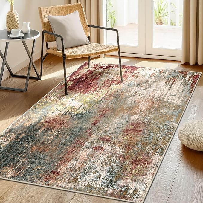 Washable Area Rugs 3'x5' Non-Slip Modern Abstract Soft for Living Room Entryway Bedroom Nursery, Print Pattern, Brown Rust Red Green Blue Multi