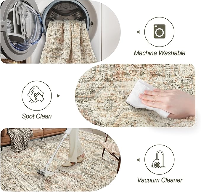 Soalmost 5x7 Area Rugs Brown Pink Low Pile Indoor Washable Trendy Faded Style Rugs for Bedroom Living Room Dining Room Foldable Non-Slip Thin Print Mat