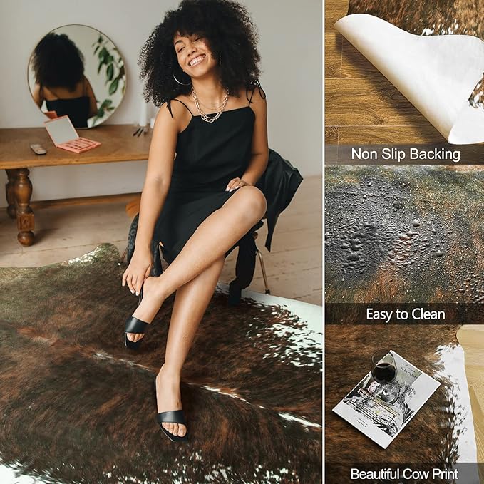 AROGAN Premium Faux Animal Rug, Sturdy and Large Size Animal Print Rugs, Suitable for Bedroom Living Room Western Decor, Faux Fur Animal Cow Hide Carpet, Saddle Brown Cowhide，5.2 x 6.2 Feet