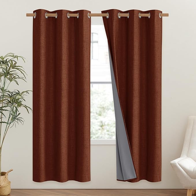 NICETOWN 100% Absolutely Blackout Linen Curtains with Thermal Insulated Liner, 42" Wide, 2 Panels, 72" Long Drapes, Grommet Retro Burnt Orange Linen Curtains Vertical Drapes Privacy for Bedroom