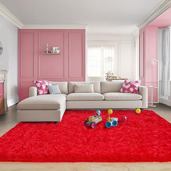 Pionblank 9x12 Area Rug for Living Room, Shag Large Rug for Bedroom, Soft Furry Non Slip Carpet for Kids Room Nursery Teens Dorm Home Decor, Red