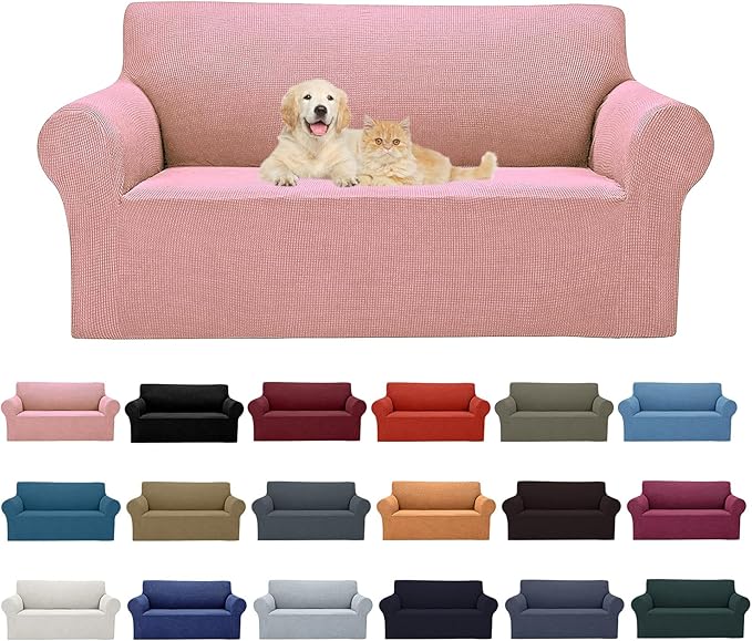 Cupuamon 2026 New Stretch Loveseat Sofa Slipcovers Couch Cover for 2 Cushion Furniture Protector Sofa Covers with Elastic Bottom Jacquard Fabric Small Checks for Pets, Kids - Dusty Pink