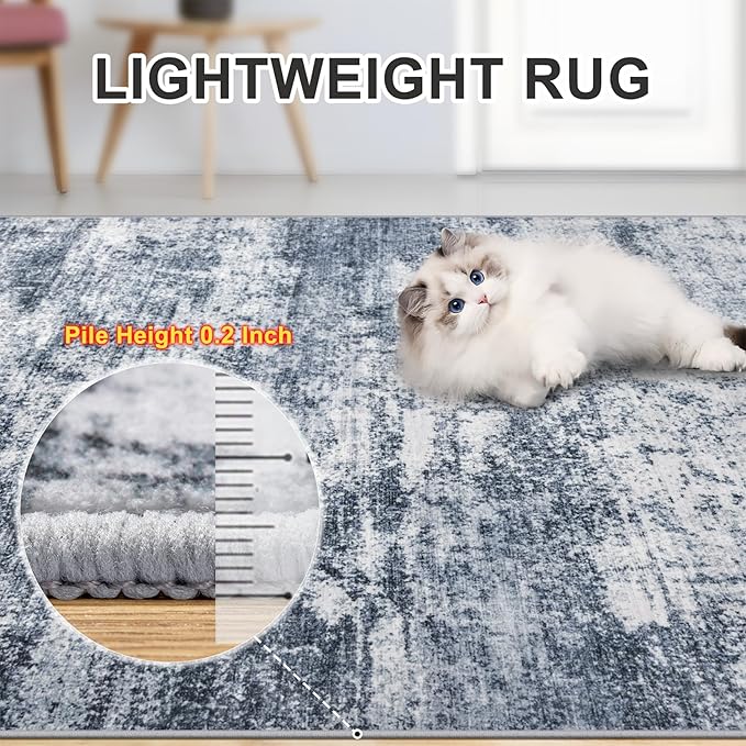 Area Rugs 9x12 Living Room - Washable Rug Modern Abstract Soft Large Neutral Non-Slip Carpet Indoor Floor Thin Carpets for Bedroom Dining Room Farmhouse Nursery Home Office Grey Blue