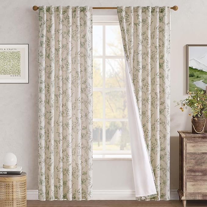 jinchan Floral Curtains Lined Linen Blend Curtain for Living Room 84 Inch Length Sage Green Farmhouse Flower Patterned Curtain French Country Curtains Drapes Back Tab Rod Pocket 2 Panels