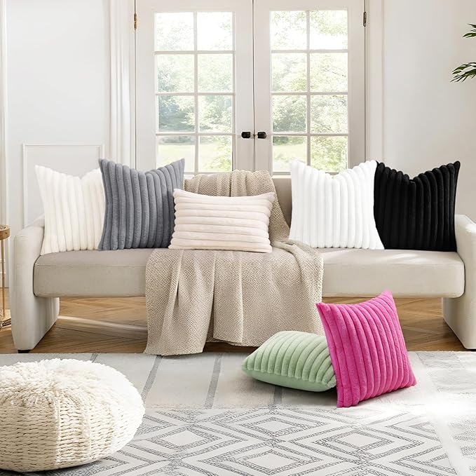 decorUhome Cozy Faux Fur Throw Pillow Covers 12x20 Set of 2 Decorative Soft Plush Striped Lumbar Modern Farmhouse Boho Couch Pillow Cases with Velvet Back for Sofa Bed Living Room, Grey