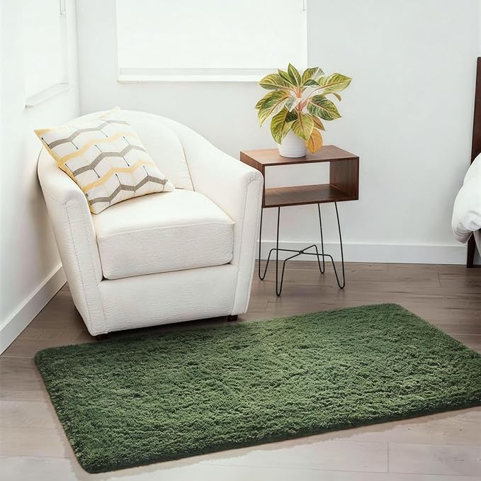 Ophanie Gray Green Grass Area Rugs for Bedroom, 3x5 Shag Fluffy Carpet, Fuzzy Furry Plush Soft Cute Kids Baby Girls Shaggy Bedside Floor Rug for Teen Dorm Nursery Home Decor Aesthetic