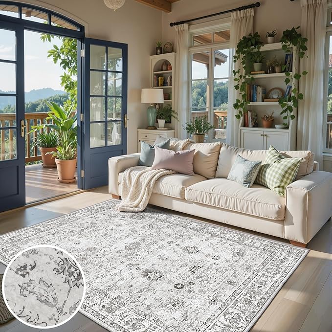 Floral Washable 6x9 Area Rugs, Soft Grey White Bedroom Rug for Living Room Ultra-Thin Non Slip Dining Room Rug, Stain Resistant Rugs Easy Clean Throw Carpet for Office(6 x 9, Grey White)