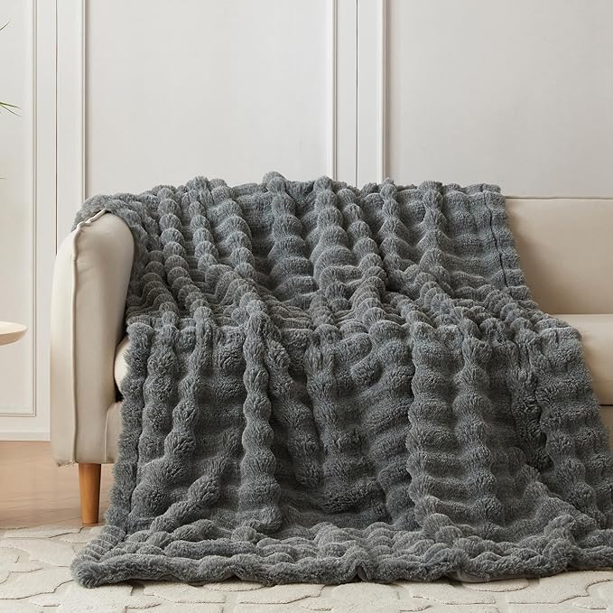 COOVA Faux Fur Throw Blanket for Couch, Cozy Soft and Fuzzy Plush Rabbit Fur Bubble Blanket for Sofa Bedroom Living Room, 50x60 Inches Cationic Light Grey