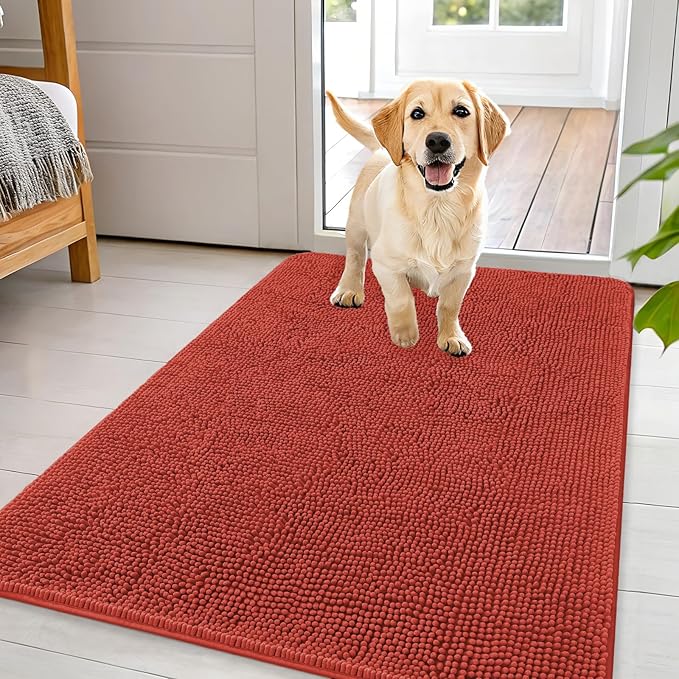 OLANLY Dog Door Mat for Muddy Paws 44x32, Absorbs Moisture and Dirt, Absorbent Non-Slip Washable Doormat, Quick Dry Chenille Mud Mat for Dogs, Entry Indoor Entryway Carpet for Inside Floor, Maple Red