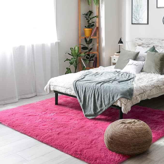Amearea Premium Soft Area Rug 4x5.3 Feet, Pink Rugs for Living Room, Fluffy Carpet for Bedroom Nursery Playroom Teen Bedside Home Decor, Comfortable Indoor Furry Dorm Carpets, Hot Pink