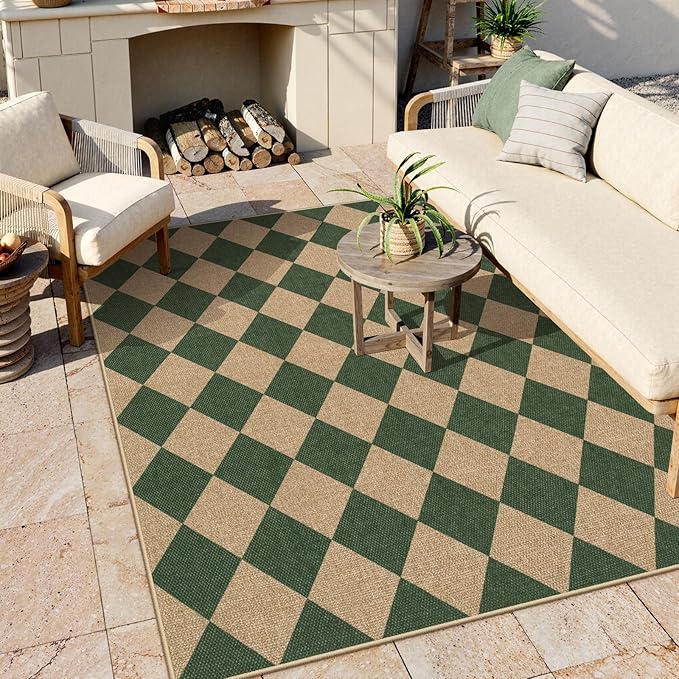 Lahome Colette Checkered Outdoor Rug 5x7, Washable Rug for Living Room Office Indoor Outdoor Carpet, Farmhouse Non Slip Non Shedding Green Carpet for Dining Room Sunroom Patio Courtyard