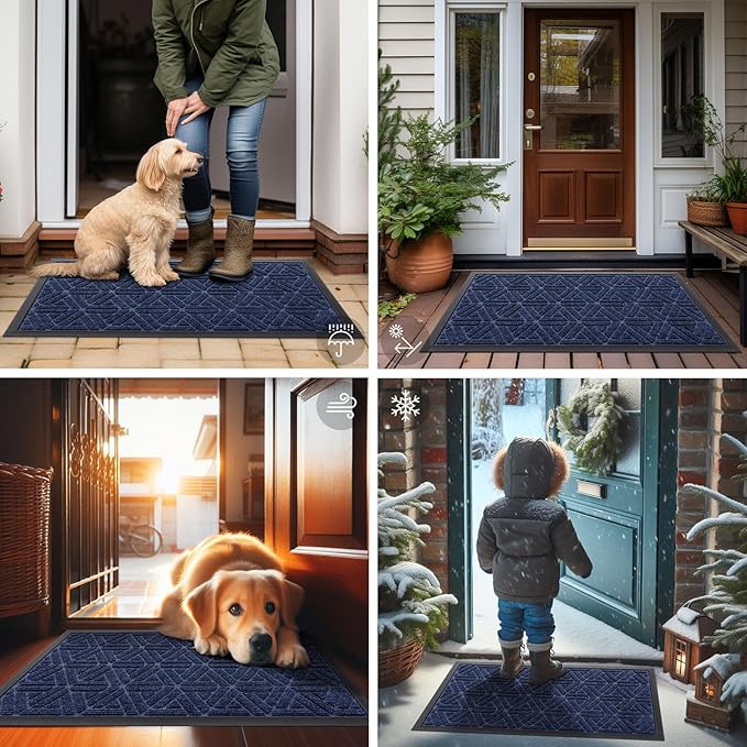 Smiry Front Door Mat Outside Entrance, Heavy Duty Sturdy Natural Rubber Doormat, Trap Dirt and Moisture, Easy Clean Low Profile Mats for Indoor Outdoor Entry, Grid Geometric (35x23, Navy Blue)