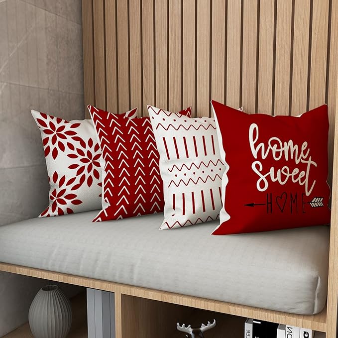 YCOLL Christmas Pillow Covers 16x16 Set of 4, Modern Sofa Throw Pillow Cover for Christmas Decor, Decorative Outdoor Linen Fabric Pillow Case for Couch Bed Car, Red