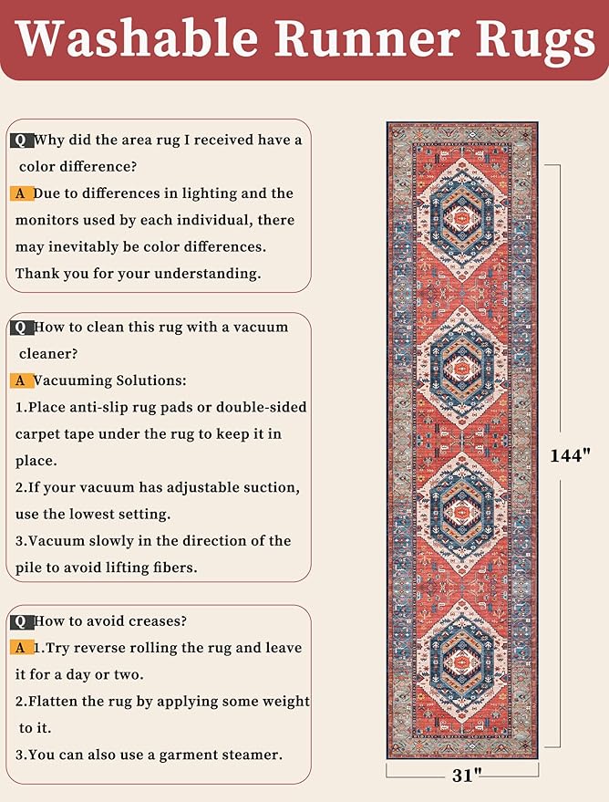 SERISSA Runner Rug for Hallways, 2'6"x12' Washable Non Slip Kitchen Runner Rug, Extra Long Boho Rug Ultra Soft Vintage Rust Print Floor Carpet for Bedroom Hallway Entryway Bathroom Laundry Room
