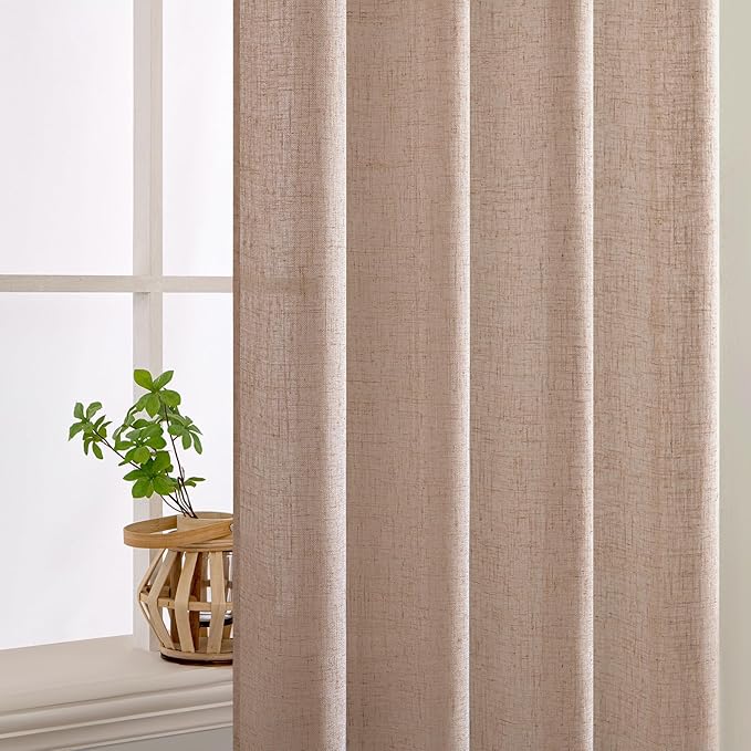 MIULEE Natural Beige Linen Curtains 90 Inch Long 2 Panels for Bedroom Living Room, Soft Linen Textured Window Drapes Semi Sheer Light Filtering Back Tab Rod Pocket Farmhouse Burlap Look Decor