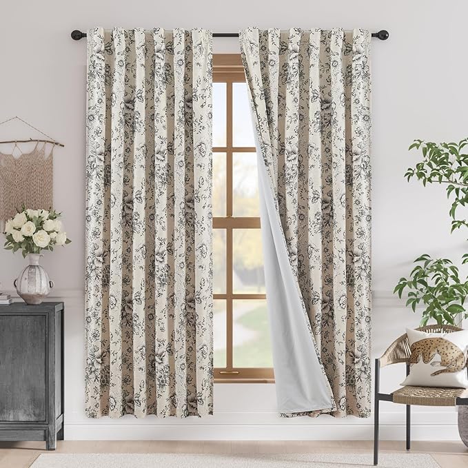 jinchan Blackout Floral Curtains for Living Room Bedroom Linen Blend Curtain Farmhouse Black Printed with Lined Back Tab Rod Pocket Drapes Window Treatments 2 Panels 72 Inch