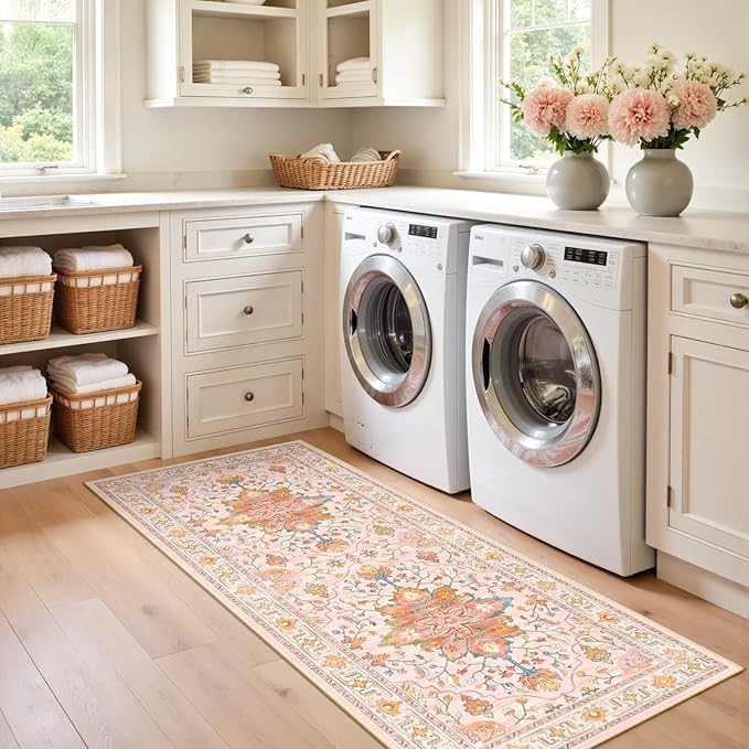 Area Rugs 2'x6' Runner Rug Non Slip Washable for Kitchen Hallway Bedroom Beside Laundry Room Bathroom Rug, Floor Carpet, Light Pink Colorful