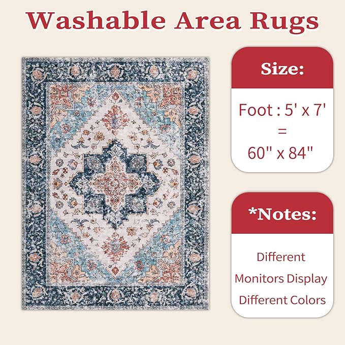 SERISSA 5x7 Boho Area Rug, Washable Large Rugs for Living Room, Ultra Soft Non-Slip Bedroom Rug Print Distressed Vintage Tribal Farmhouse Carpet Blue Orange Rug for Dining Room Dorm Office Home Decor