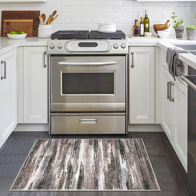 Lansny Modern Abstract Entryway Rug Indoor 2x3 Washable Rug Non-Slip Soft Small Area Rug Dark Light Brown White Kitchen Mats Thin Print Faux Wool Floor Carpet Throw Rugs Backdoor Mat for Entry