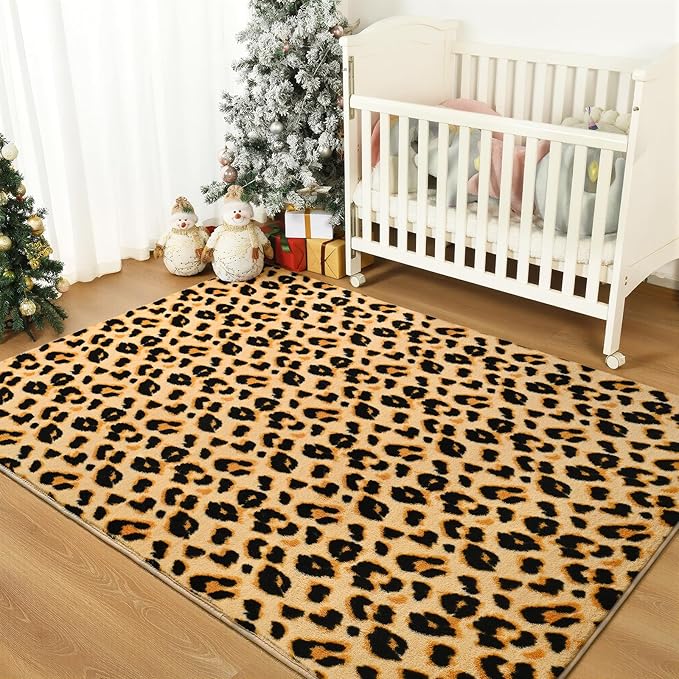 Amearea Soft Leopard Rugs for Bedroom Living Room, 3x5 Modern Cheetah Print Thickened Memory Foam Rug, Fluffy Indoor Washable Animal Rug Carpet for Kids Boys Girls Dorm Nursery Room Home Decor, Khaki