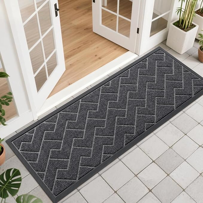 OLANLY Front Door Mat Indoor Outdoor Entrance, Waterproof All-Season, All-Weather Doormat, Sturdy Natural Rubber, Low Profile, Easy Clean Patio Porch Entryway Mat, Herringbone Brick (Grey, 47x17)