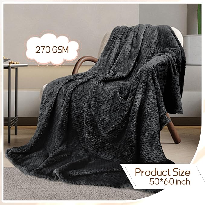 4 Pack Fleece Throw Blankets 50x60 Inches - Oeko-Tex Certified 100, 270 GSM Ultra Soft Plush for Bed, Couch and Cozy Gifts. 3D Waffle Texture, No Shedding No Pilling All Season (Black)