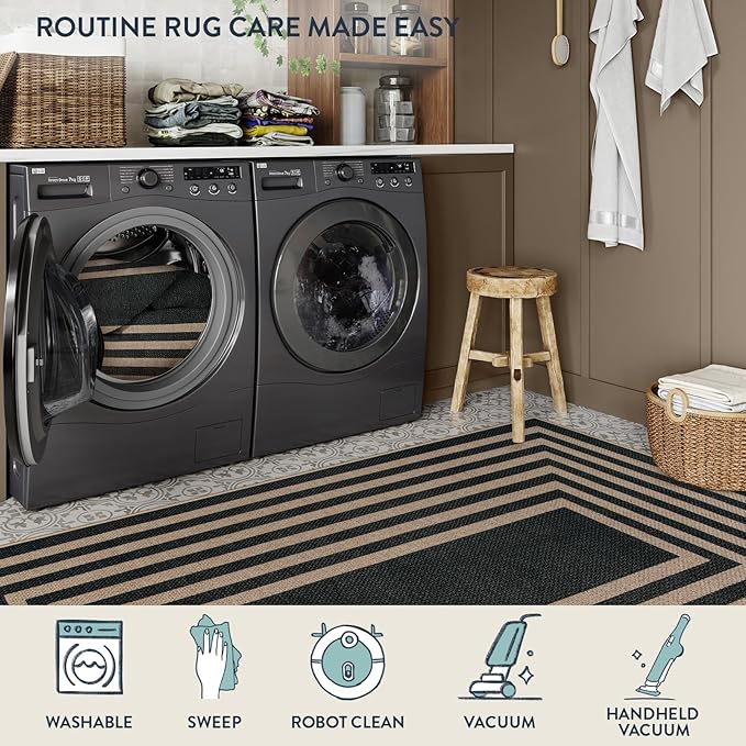 Lahome Enfys Modern Geometric Easy Jute Outdoor Rug, 3x5 Black Indoor Outdoor Carpet for Living Room Entryway, Farmhouse Non Slip Non Shedding Washable Area Rug for Patio Courtyard Bedroom
