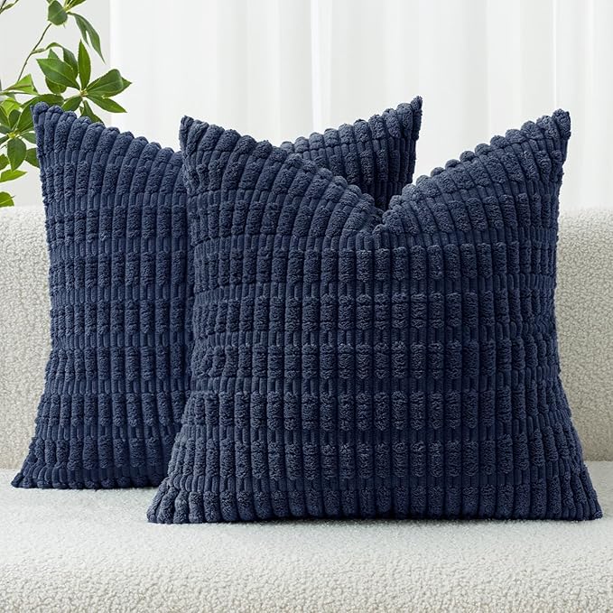 MIULEE Pack of 2 Corduroy Decorative Euro Sham Throw Pillow Covers 24x24 Inch Soft Boho Striped Pillow Covers Modern Farmhouse Home Decor for Summer Coastal Sofa Living Room Couch Bed Dark Blue